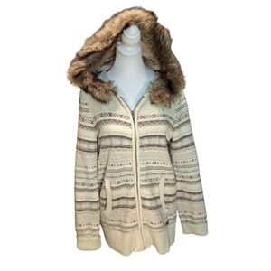Eddie Bauer Fair Isle Faux-Fur Zip Cardigan Hoodie Sweater  Women Size Small